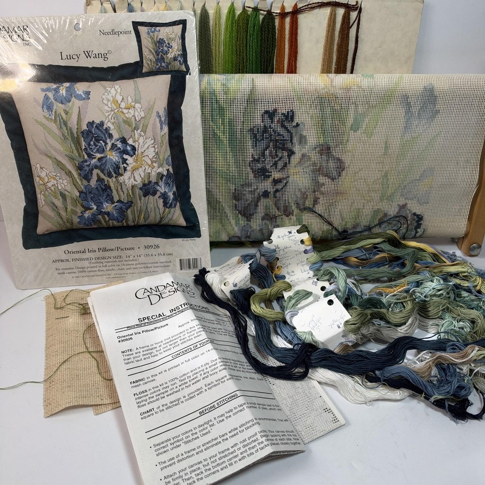 Candamar Designs LUCY WANG Needlepoint Kit Oriental Iris Pillow #30926 *Started*